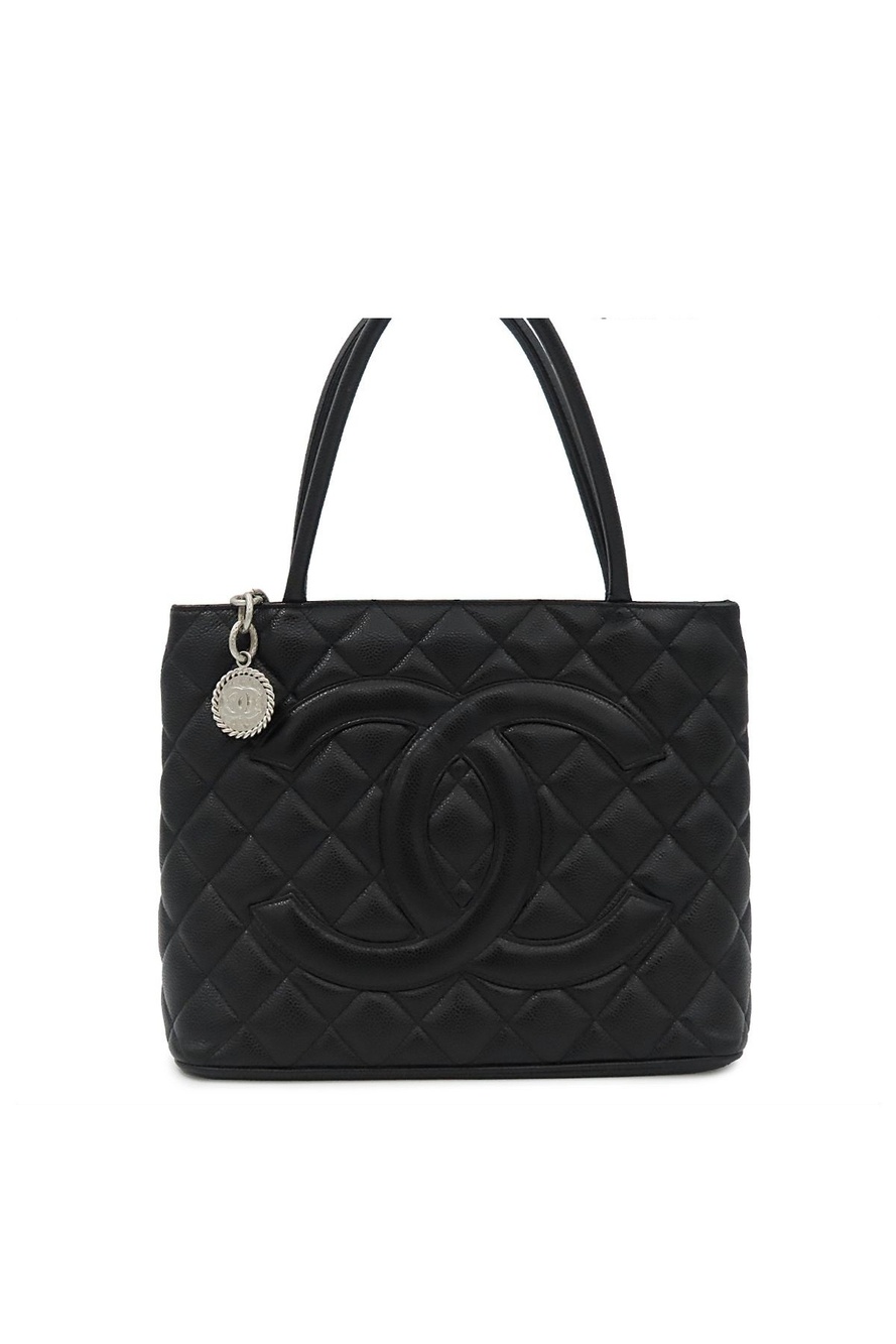 Chanel Reissue Tote Bag Quilted CC Logo Black Silver Caviar Leather